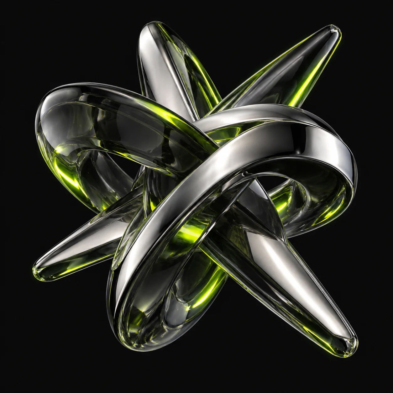 Interconnected chrome and glass sculpture with bright green reflections
